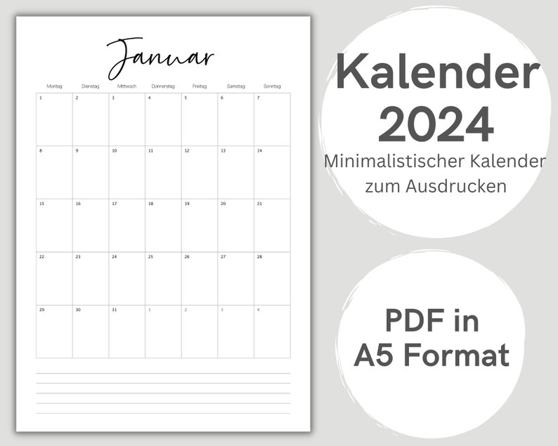Druckbarer Kalender 2024 Monatsplaner 2024 A5 Format Minimalistischer Jahresplaner zum Ausdrucken Download Digitale PDF Datei Bild 1