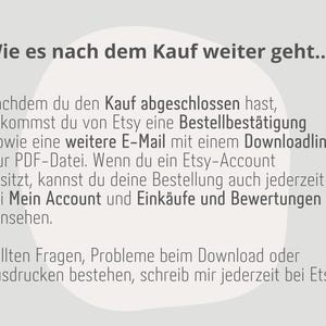 May include: A light beige graphic with the text "Wie es nach dem Kauf weiter geht..." and further instructions about the purchase process, including Etsy order confirmation and PDF download.
