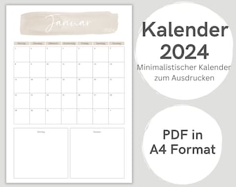 Druckbarer Kalender 2024 Beige | Monatsplaner 2024 | A4 Format | Minimalistischer Jahresplaner zum Ausdrucken | Sofortiger Download