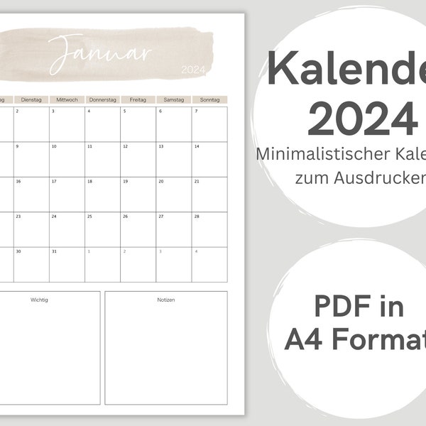 Printable Calendar 2024 Beige | Monthly Planner 2024 | A4 format | Minimalist annual planner to print out | Instant download
