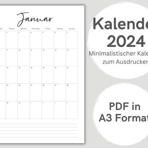 Könnte beinhalten: Ein druckbarer Kalender für Januar 2024 im A3-Format. Der Kalender ist minimalistisch und hat ein schlichtes Design mit den Wochentagen oben und den Zahlen für jeden Tag des Monats in der darunter liegenden Tabelle.