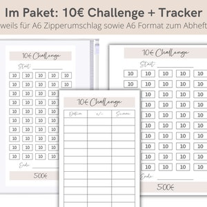 May include: Two printable pages for a 10 Euro challenge tracker. The first page has a grid of 50 squares, each labeled with "10". The second page has a table with columns for date, plus or minus, and sum. Both pages have the text "10 Euro Challenge" and "Start" and "End" labels. The first page has a total of 500 Euro at the bottom.