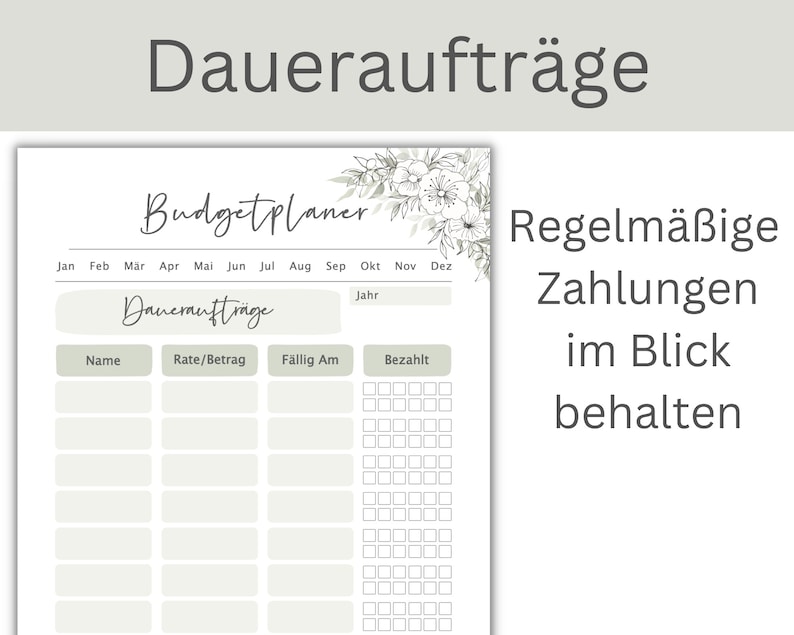 May include: A printable budget planner with a floral design. The planner includes sections for tracking recurring expenses, such as bills and subscriptions, and for recording payments. The text on the page reads "Budget Planner" and "Dauerauftr&auml;ge" which translates to "Standing Orders".