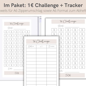 May include: Two printable A6-sized sheets for a 1&euro; challenge. The first sheet has a grid of 50 squares to track progress. The second sheet has a table with columns for date, plus or minus, and sum. Both sheets have the text "1&euro; Challenge" and "50&euro;" at the bottom.