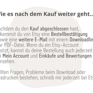 May include: Text explaining the steps to take after purchasing a digital product on Etsy. It mentions receiving an order confirmation email, a download link for the PDF file, and accessing order details through the Etsy account.