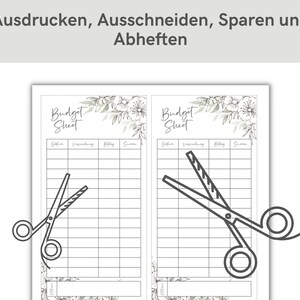 May include: A printable budget sheet with a floral design and a pair of scissors on each side. The sheet has columns for date, spending, category, and total. The text "Budget Sheet" is at the top of each sheet.