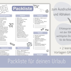 Lista pakowania na wakacje do druku | Lista pakowania Niemiecki | Lista kontrolna do zaznaczenia/uzupełnienia | Format A4 | Pobierz | Cyfrowy plik PDF