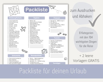 Packliste Urlaub zum Ausdrucken | Packliste deutsch | Checkliste zum Abhaken/Ausfüllen | A4 Format | Download | Digitale PDF Datei