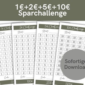 1 + 2 + 5 + 10 Euro Sparchallenge | Olivgrün | Im Paket:  A6 Format oder passend für Zipper für Umschlagmethode | PDF Download