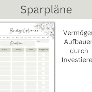 May include: A printable budget planner with a floral design. The planner includes sections for name, amount, deposit, and executed. The text "Sparpl&auml;ne" is at the top of the page. The text "Verm&ouml;gen Aufbauen durch Investieren" is on the right side of the page.