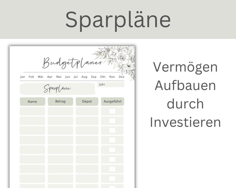 May include: A printable budget planner with a floral design. The planner includes sections for name, amount, deposit, and executed. The text "Sparpl&auml;ne" is at the top of the page. The text "Verm&ouml;gen Aufbauen durch Investieren" is on the right side of the page.