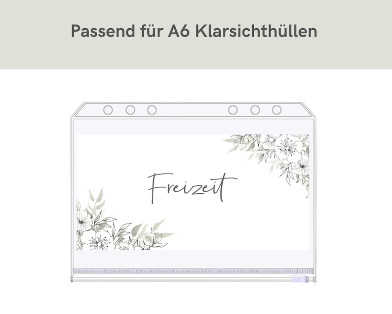 May include: A clear plastic A6 envelope with a white background and a floral design. The text "Freizeit" is written in black cursive on the envelope.