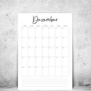 May include: A white paper calendar for December with a minimalist design. The word "Dezember" is written in a cursive font at the top. The calendar grid is composed of empty boxes for each day of the month, with lines at the bottom.