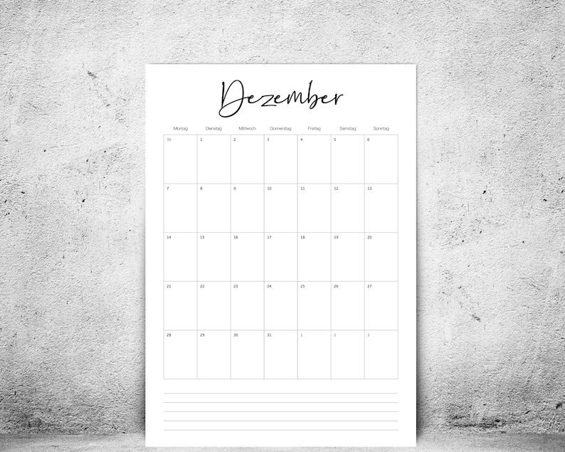 May include: A white paper calendar for December with a minimalist design. The word "Dezember" is written in a cursive font at the top. The calendar grid is composed of empty boxes for each day of the month, with lines at the bottom.