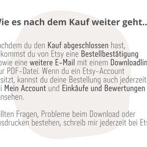 May include: Text explaining the steps to take after purchasing a digital product on Etsy. It mentions receiving an order confirmation email, a download link for the PDF file, and accessing order details through the Etsy account.