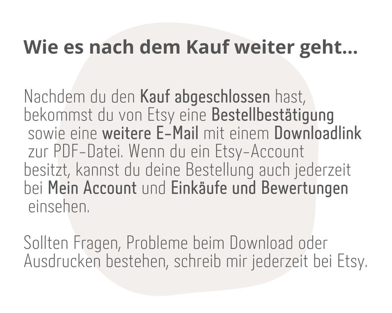 May include: Text explaining the steps to take after purchasing a digital product on Etsy. It mentions receiving an order confirmation email, a download link for the PDF file, and accessing order details through the Etsy account.