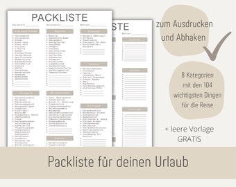 Packliste Urlaub zum Ausdrucken | Packliste deutsch | Checkliste zum Abhaken/Ausfüllen | A4 Format | Download | Digitale PDF Datei