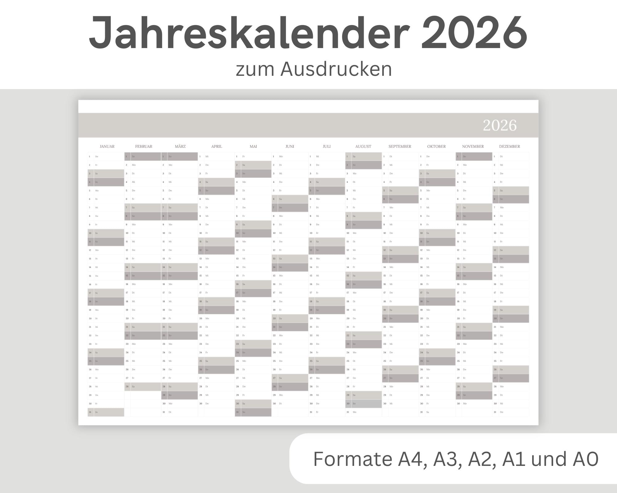 2026 Jahreskalender zum Ausdrucken | Jahresübersicht 2026