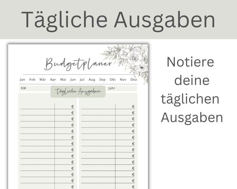 May include: A printable budget planner with a floral design. The planner has sections for daily expenses, weekly expenses, and monthly expenses. The planner also includes a section for tracking income and expenses.