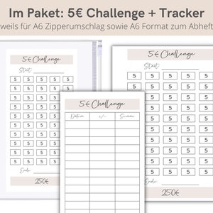 May include: Two printable sheets for a 5 Euro challenge. The first sheet has a grid of 5 Euro squares to track savings. The second sheet is a tracker with columns for date, plus or minus, and total. Both sheets have a 250 Euro goal.