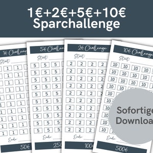 1 + 2 + 5 + 10 Euro Sparchallenge | Dunkelblau | Im Paket:  A6 Format oder passend für Zipper für Umschlagmethode | PDF Download