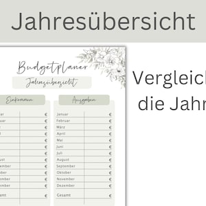 May include: A printable budget planner with a floral design. The planner is divided into two sections: income and expenses. Each section has a list of months from January to December, with a space to enter the amount for each month. The planner also includes a space for the total amount for the year.
