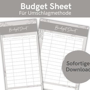 Könnte beinhalten: Ein druckbares Budgetblatt mit grauem Hintergrund und floralem Design. Das Blatt ist mit "Budget Sheet" betitelt und hat Spalten für Datum, Verwendung, Betrag und Summe. Der Text "Für Umschlagmethode" steht unter dem Titel. Der Text "Sofortiger Download" befindet sich in einem Kreis am unteren Rand des Blattes.