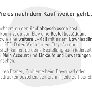 May include: Text explaining the process of purchasing and downloading a digital product on Etsy. It mentions receiving an order confirmation email, a download link for the PDF file, and accessing order details through the Etsy account.