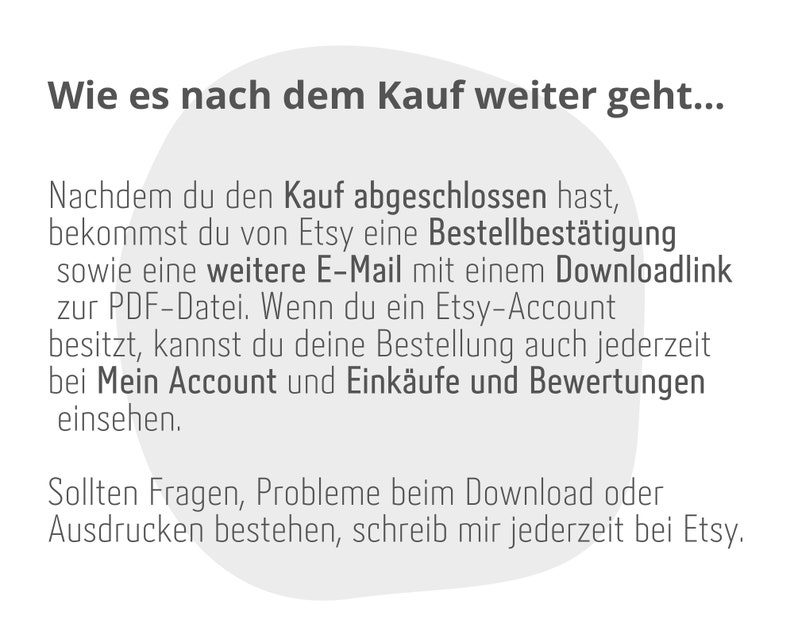 May include: Text explaining the process of purchasing and downloading a digital product on Etsy. It mentions receiving an order confirmation email, a download link for the PDF file, and accessing order details through the Etsy account.