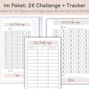 May include: Two printable sheets for a 2 Euro challenge. The first sheet has a grid of 50 squares, each with the number 2 printed inside. The second sheet has a table with columns for date, plus or minus, and sum. Both sheets have the text "2 Euro Challenge" and "100 Euro" at the bottom.