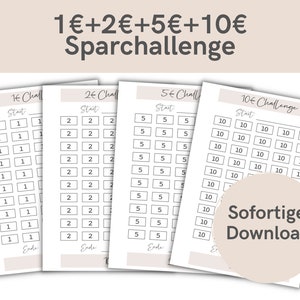 1 + 2 + 5 + 10 Euro Savings Challenge | Challenges to save money | In the package: A6 format or suitable for zipper for envelope method | Download PDF