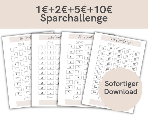 1 + 2 + 5 + 10 Euro Sparchallenge | Challenges zum Sparen | Im Paket:  A6 Format oder passend für Zipper für Umschlagmethode | PDF Download