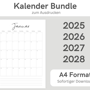 Op de afbeelding: Een witte kalenderpagina met de maand januari, samen met de jaren 2025, 2026, 2027 en 2028. De tekst "Kalender Bundle zum Ausdrucken" staat bovenaan. De kalender is in A4-formaat.