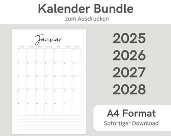 Druckbarer Kalender für 2025, 2026, 2027 und 2028 | Monatsplaner | A4 Format | Minimalistische Jahresplaner zum Ausdrucken | Download