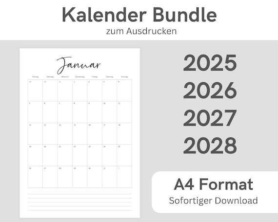 Druckbarer Kalender für 2025, 2026, 2027 und 2028 | Monatsplaner | A4 Format | Minimalistische Jahresplaner zum Ausdrucken | Download
