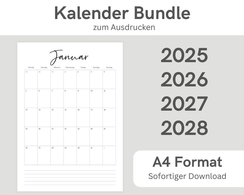 Printable calendar for 2025, 2026, 2027, and 2028 | Monthly planner | A4 format | Minimalist yearly planner to print | Download image 1
