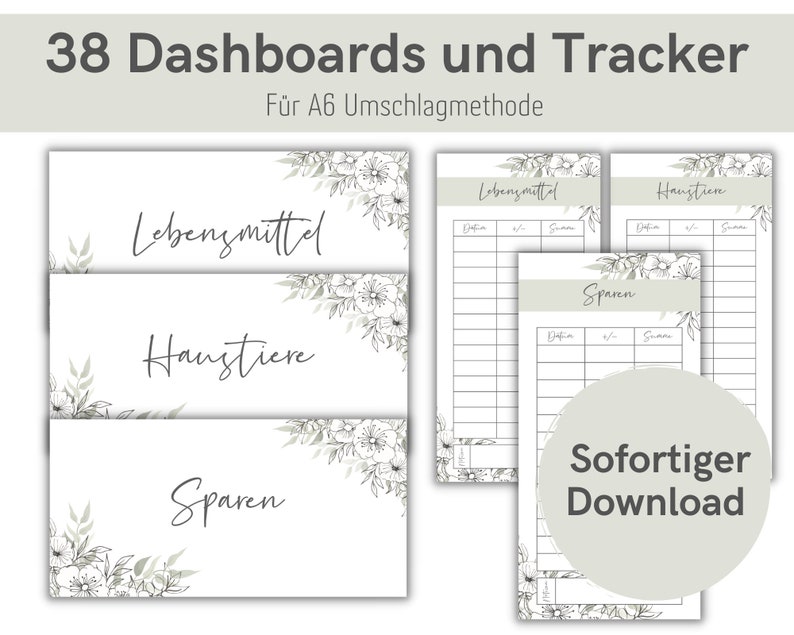 38 dashboards (cover pages) + tracker with Mediterranean design for A6 envelopes envelope method in the budget Binder | Digital PDF Download 