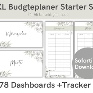 Op de afbeelding: Een set printbare budgetplanner-dashboards en -trackers met bloemillustraties. De tekst op de afbeelding luidt "XXL Budgteplaner Starter Set" en "Für A6 Umschlagmethode". De afbeelding bevat ook de tekst "Wünsche", "Miete", "Sofortiger Download" en "78 Dashboards + Tracker".