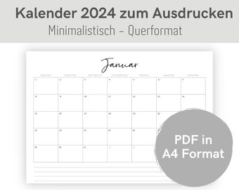 Druckbarer Kalender 2024 | Monatsplaner 2024 | A4 Format | Minimalistischer Jahresplaner zum Ausdrucken | Querformat | Download