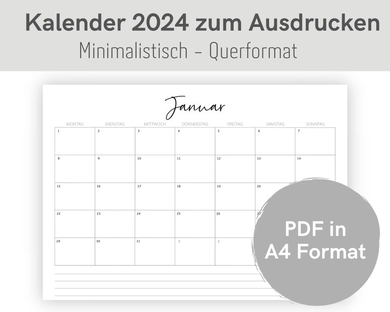 Printable Calendar 2024 Monthly Planner 2024 A4 Format Minimalist