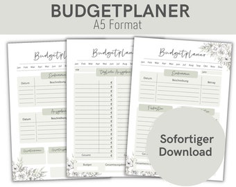 Op de afbeelding: Drie printbare budgetplannerpagina's met bloemmotieven. De pagina's zijn gelabeld "Budgetplaner" en bevatten secties voor inkomsten, uitgaven en maandelijkse totalen. De pagina's zijn ontworpen voor A5-formaat.