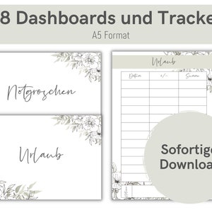 May include: A set of printable A5 format dashboards and trackers with floral designs. The text on the page reads "38 Dashboards und Tracker" and "Sofortiger Download".