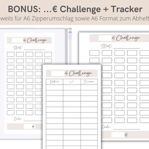 May include: Printable A6 challenge tracker with a grid of squares for tracking progress and a separate section for recording dates, pluses, minuses, and totals. The text "Challenge" appears at the top of each page.