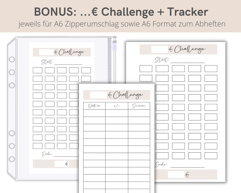 May include: Printable A6 challenge tracker with a grid of squares for tracking progress and a separate section for recording dates, pluses, minuses, and totals. The text "Challenge" appears at the top of each page.