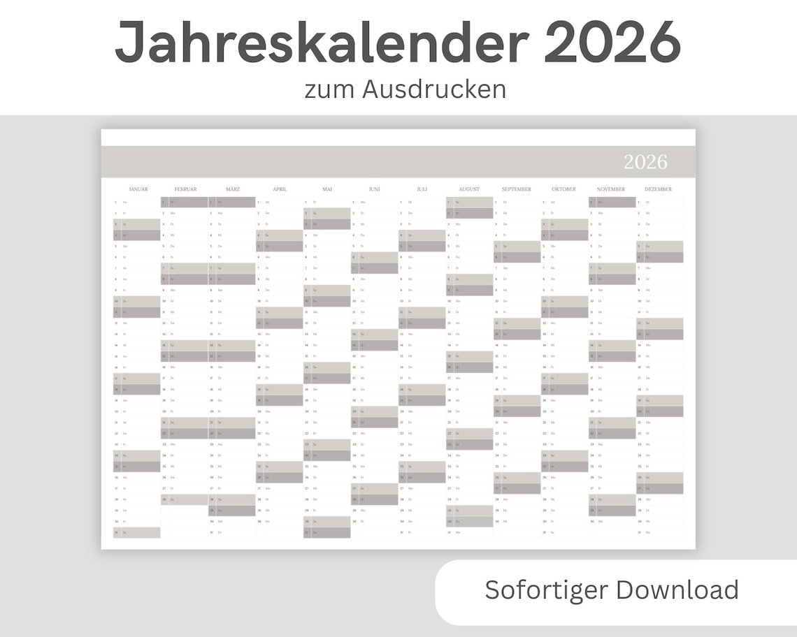 2026 Jahreskalender zum Ausdrucken | Jahresübersicht 2026