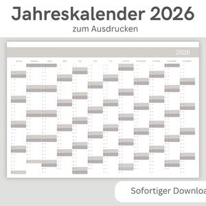 Könnte beinhalten: Jahreskalender 2026 zum Ausdrucken. Der Kalender hat ein Rasterlayout mit deutlich markierten Monaten und Tagen. Das Design ist minimalistisch mit einer neutralen Farbpalette. Der Text "Sofortiger Download" ist sichtbar.
