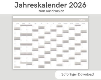 2026 Printable Annual Calendar | 2026 Annual Overview | Landscape Wall Calendar in A4, A3, A2, A1, A0 | Instant Download