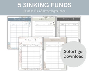 5 Sinking Funds | Tracker for the envelope method | Size: A6 and zippered envelope | Digital PDF download