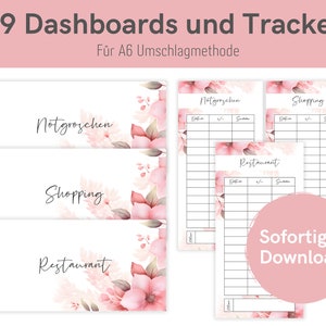 以下が含まれることがあります： 花のデザインが施されたA6封筒方式の印刷可能なダッシュボードのセット。ダッシュボードは、「Notgroschen」、「Shopping」、「Restaurant」などのカテゴリにおける費用の追跡に使用されます。「Sofortiger Download」というテキストも含まれています。