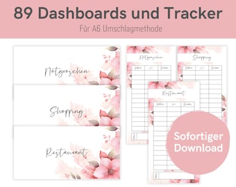 May include: A set of printable A6 envelope method dashboards with floral designs. The dashboards are for tracking spending in categories like "Notgroschen", "Shopping", and "Restaurant". The text "Sofortiger Download" is also included.